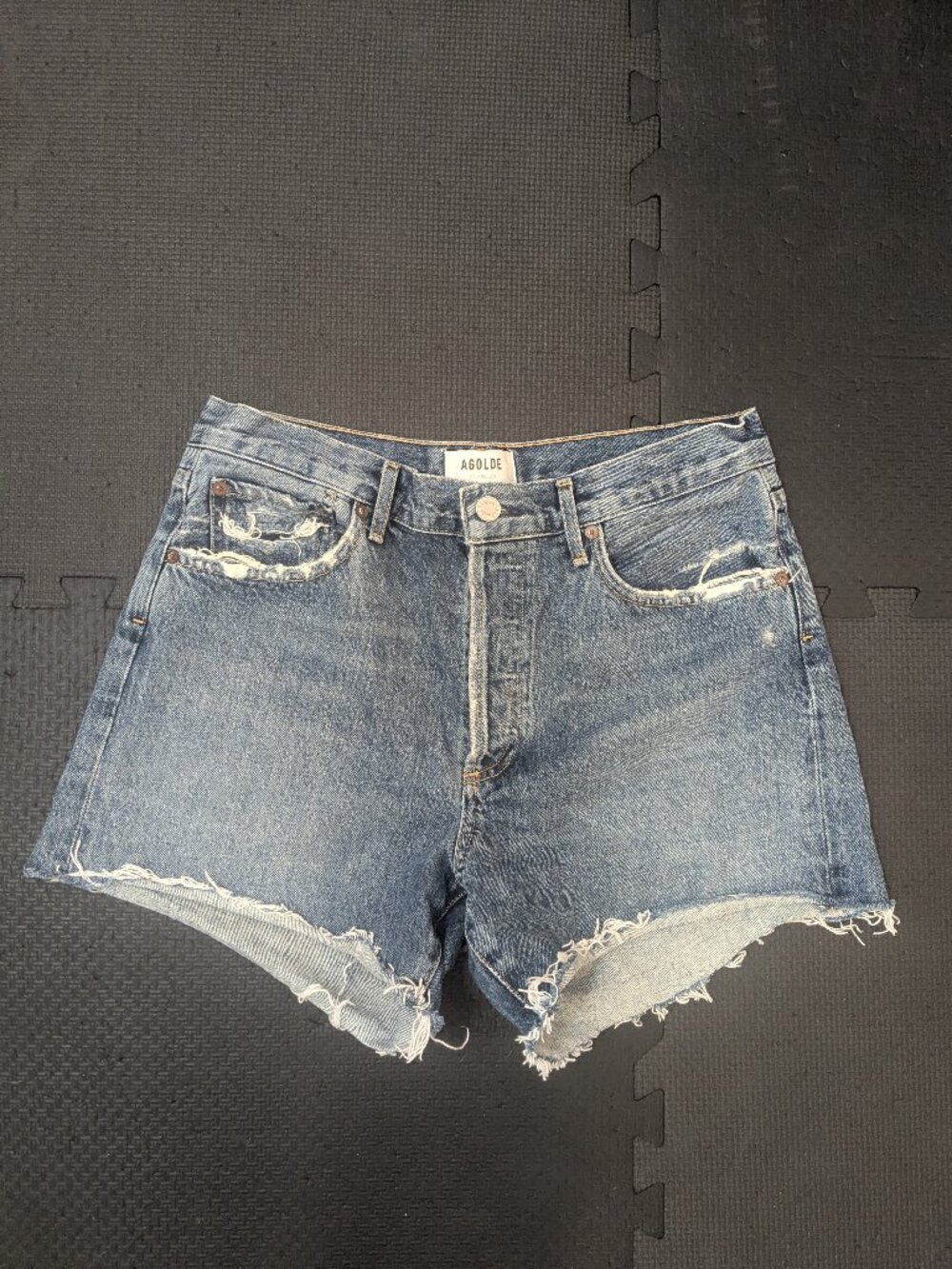 AGOLDE Reese Shorts 28 Blue High Rise Cut Off Denim Button Fly Frayed distressed